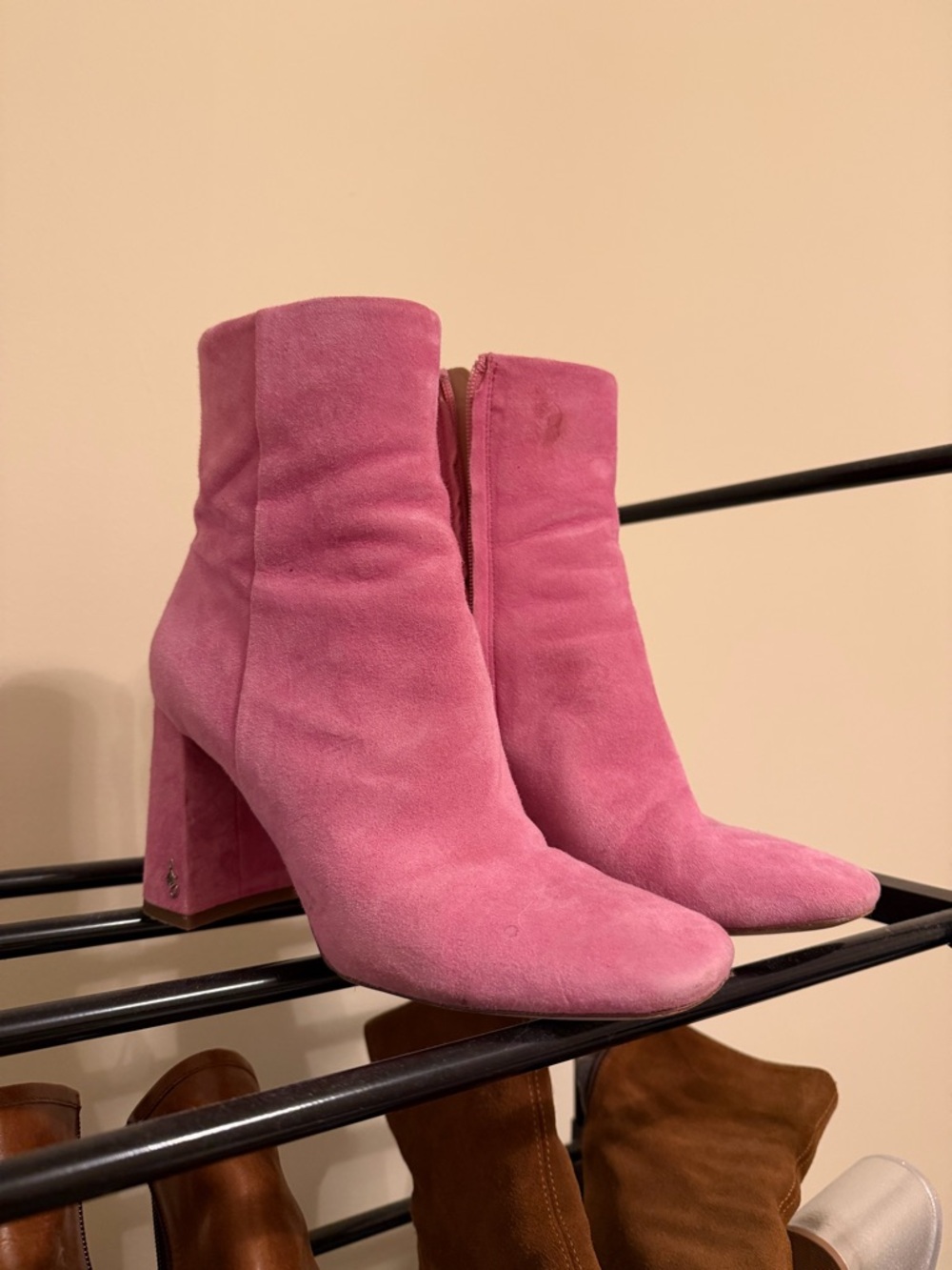 Sam Edelman Pink Suede Block Heel Ankle Boots